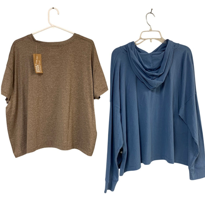 2 New Eddie Bauer Womens 2XL Tempo Blue Tan Hoodie Surreal Travel Crew Tee Tops