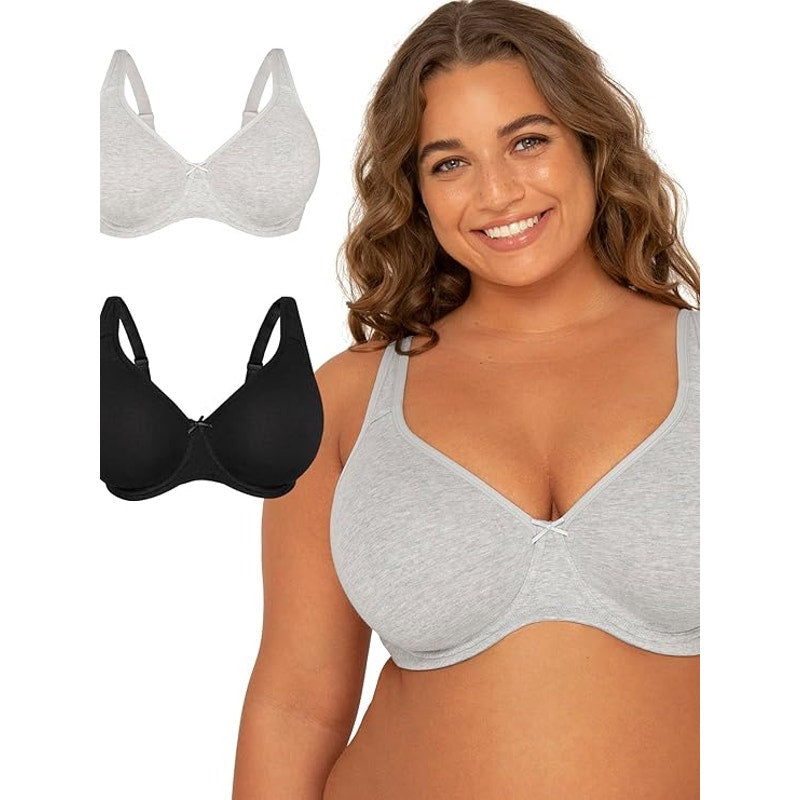 New 2-Pack Fruit of the Loom Womens 42G Black Gray Cotton Unlined Underwire Bras
