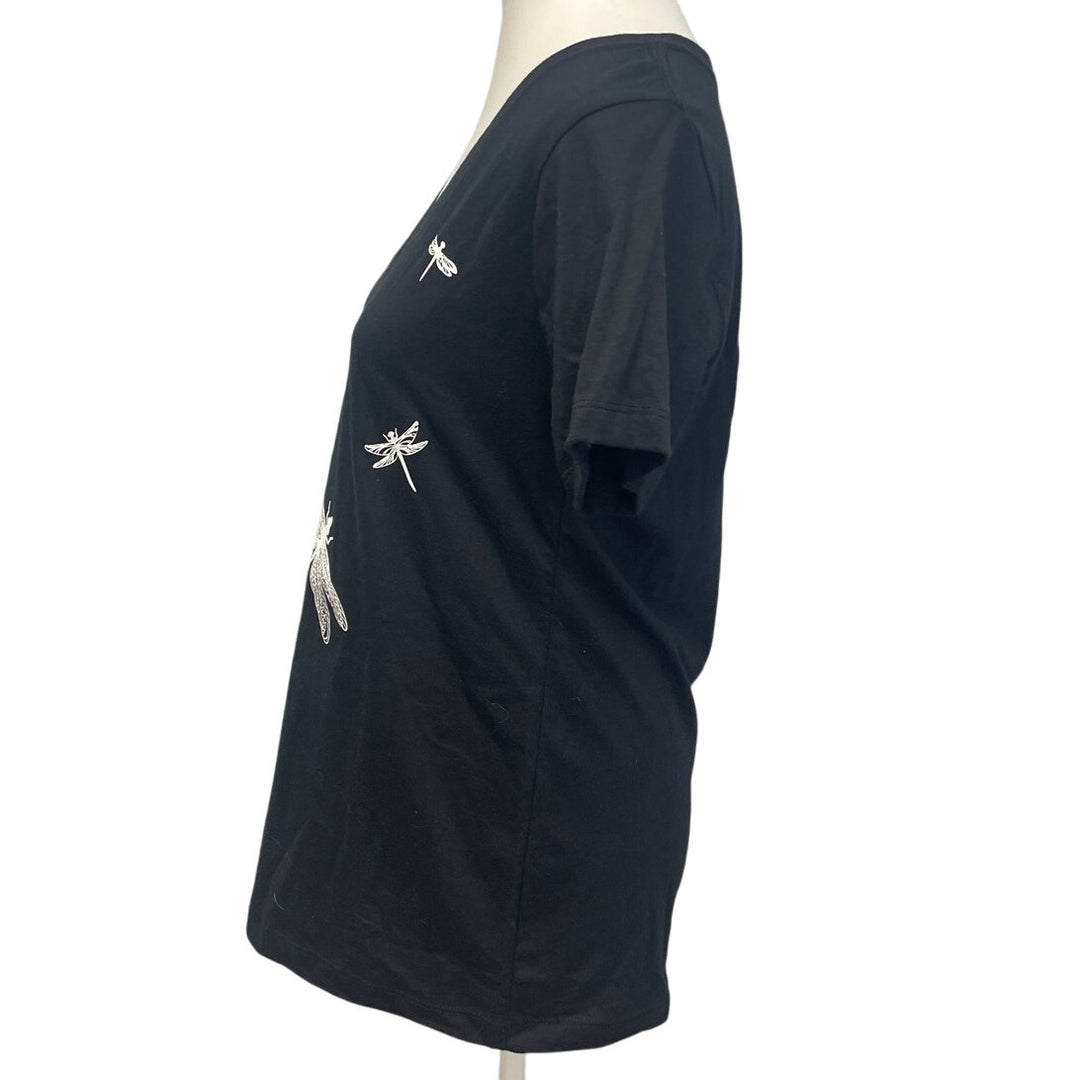New Hand Printed Womens Large Dragonfly V-Neck PolyCotton Short Sleeve Tee Shirt
