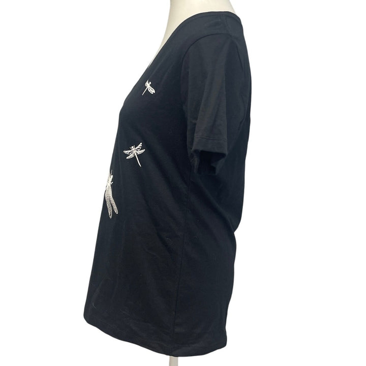 New Hand Printed Womens Large Dragonfly V-Neck PolyCotton Short Sleeve Tee Shirt