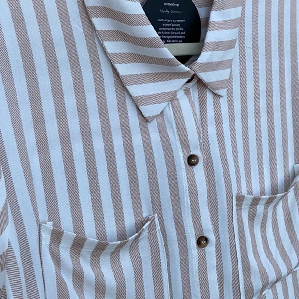 NWT New Mitto Shop Womens Medium Tan White Striped 2 Pocket Button Down Shirt