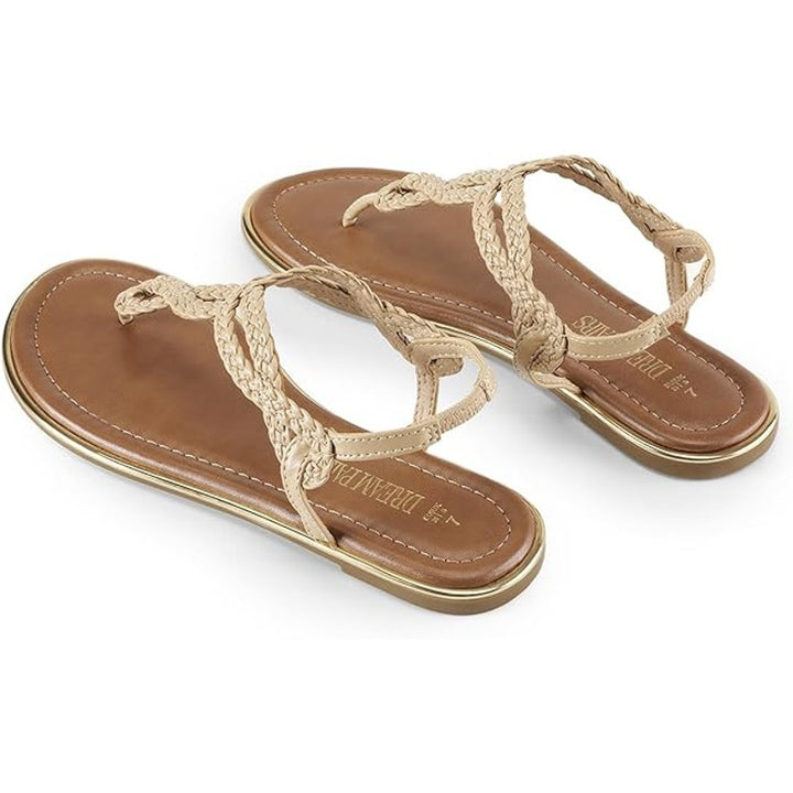 Dream Pairs Womens Size 8 Tan Gold Woven Elastic Heel Thong Flat Sandals Shoes