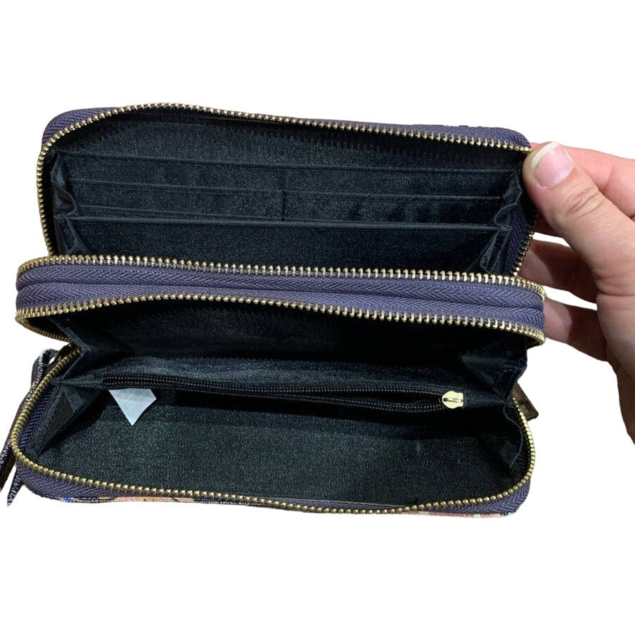 Small Floral Faux Leather Factory Distressed Navy Blue Wristlet Wallet