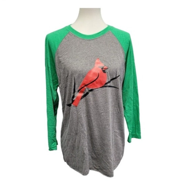 New Hand Printed Womens Red Cardinal Bird 3/4 Sleeve Cotton Blend Raglan Tee