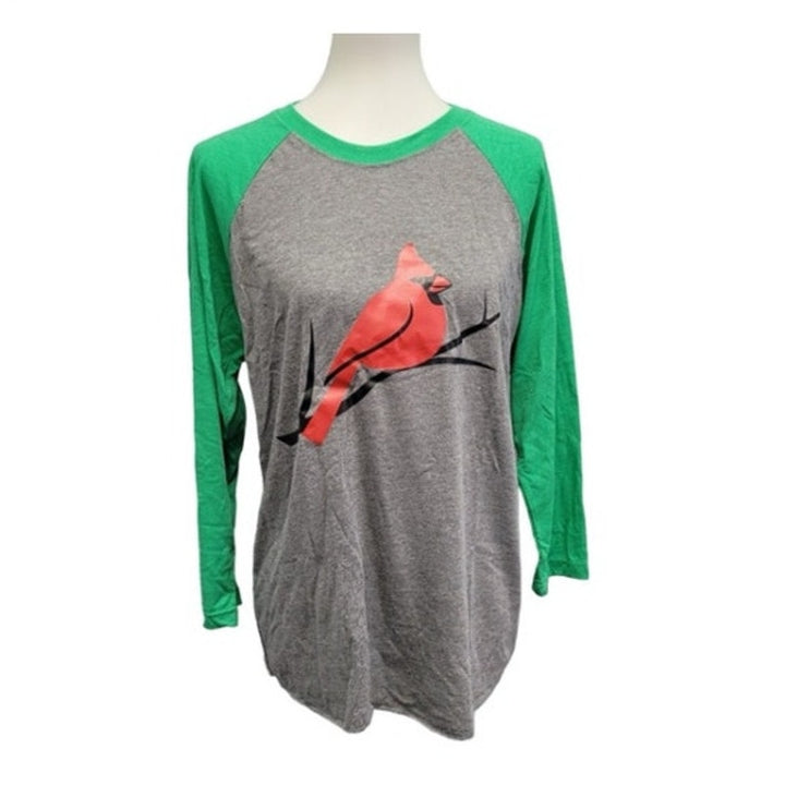 New Hand Printed Womens Red Cardinal Bird 3/4 Sleeve Cotton Blend Raglan Tee