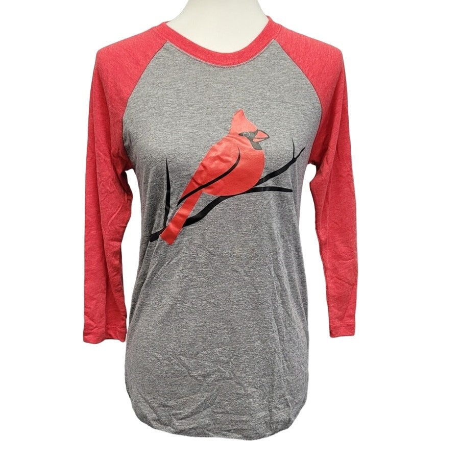 New Hand Printed Womens Red Cardinal Bird 3/4 Sleeve Cotton Blend Raglan Tee
