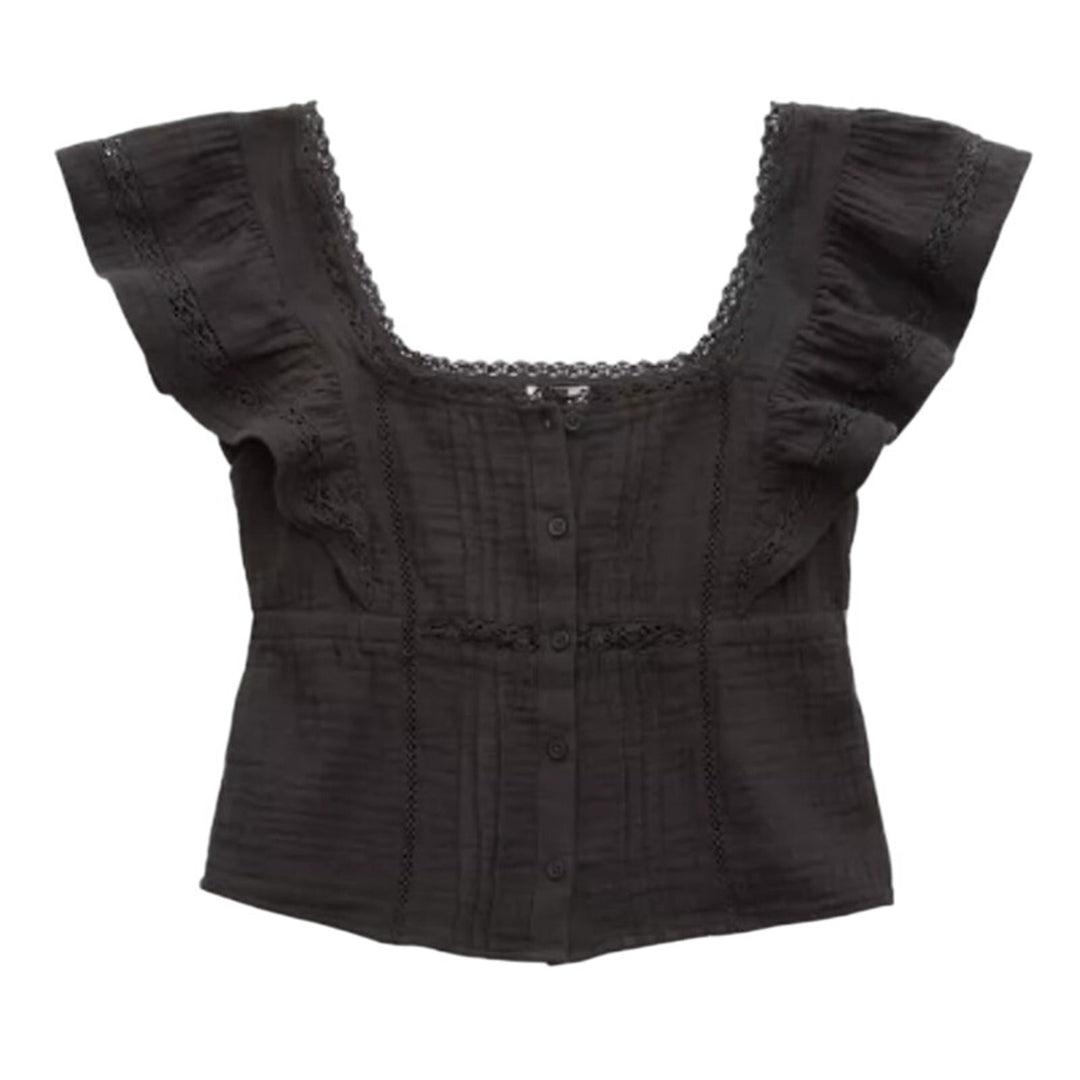 New Aerie Womens Small Button Front Ruffle Sleeve Smoked Gray 100% Cotton Top