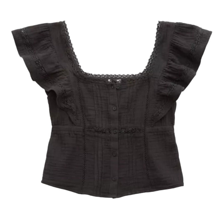 New Aerie Womens Small Button Front Ruffle Sleeve Smoked Gray 100% Cotton Top