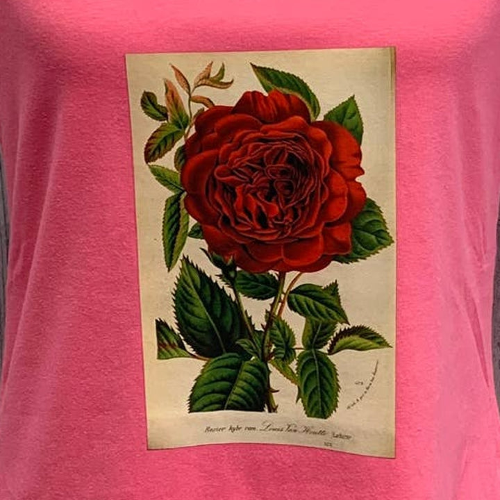 New Hand Printed Womens Vintage Book Page Red Rose Flower V-Neck Tee Top