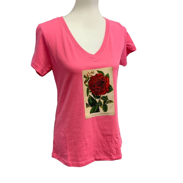 New Hand Printed Womens Vintage Book Page Red Rose Flower V-Neck Tee Top
