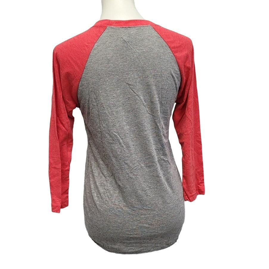 New Hand Printed Womens Red Cardinal Bird 3/4 Sleeve Cotton Blend Raglan Tee