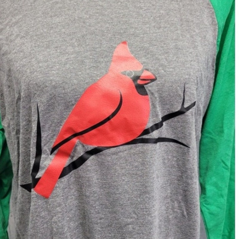 New Hand Printed Womens Red Cardinal Bird 3/4 Sleeve Cotton Blend Raglan Tee