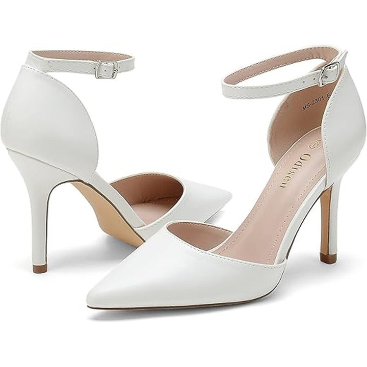 Odisen Womens Size 6 White Faux Leather 3.5" Heel Closed Toe Ankle Strap Shoes