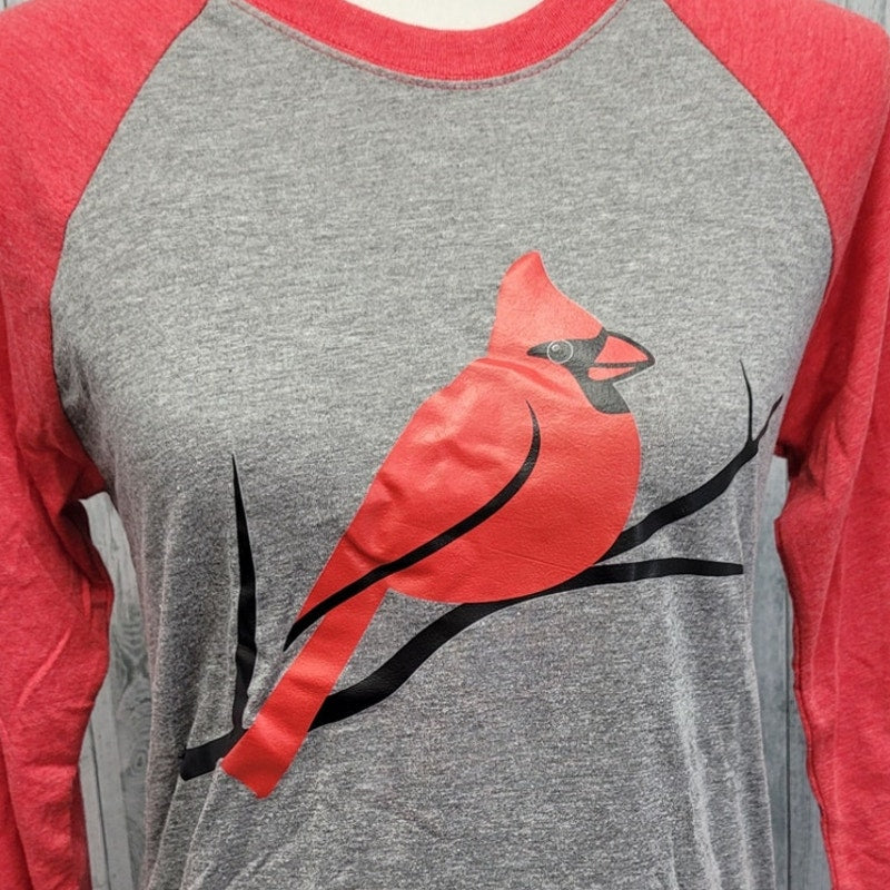 New Hand Printed Womens Red Cardinal Bird 3/4 Sleeve Cotton Blend Raglan Tee