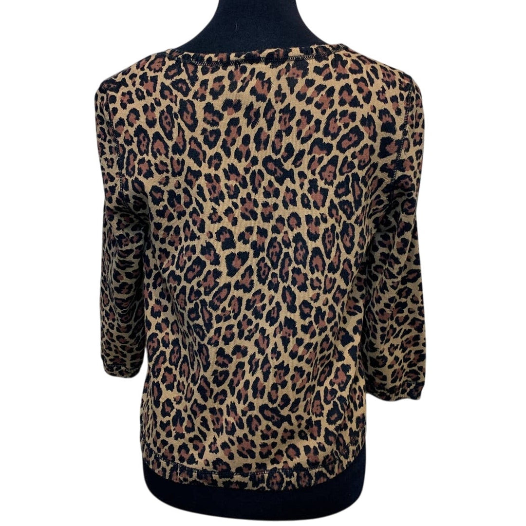 Ruby Rd Womens Small Leopard Spot Open Top Button Cotton Blend Cardigan Sweater