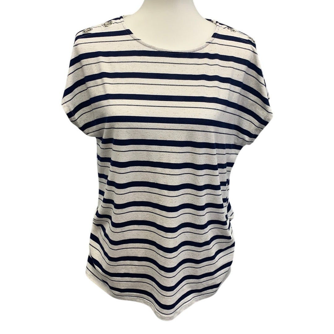 89th &amp; Madison Womens Large Striped Top w Rhinestone Shoulder Accent Holes