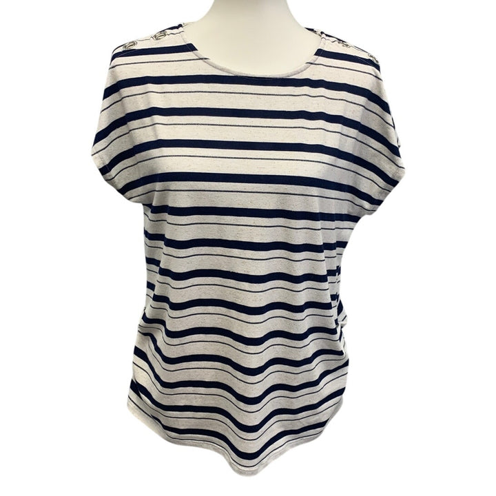 89th &amp; Madison Womens Large Striped Top w Rhinestone Shoulder Accent Holes