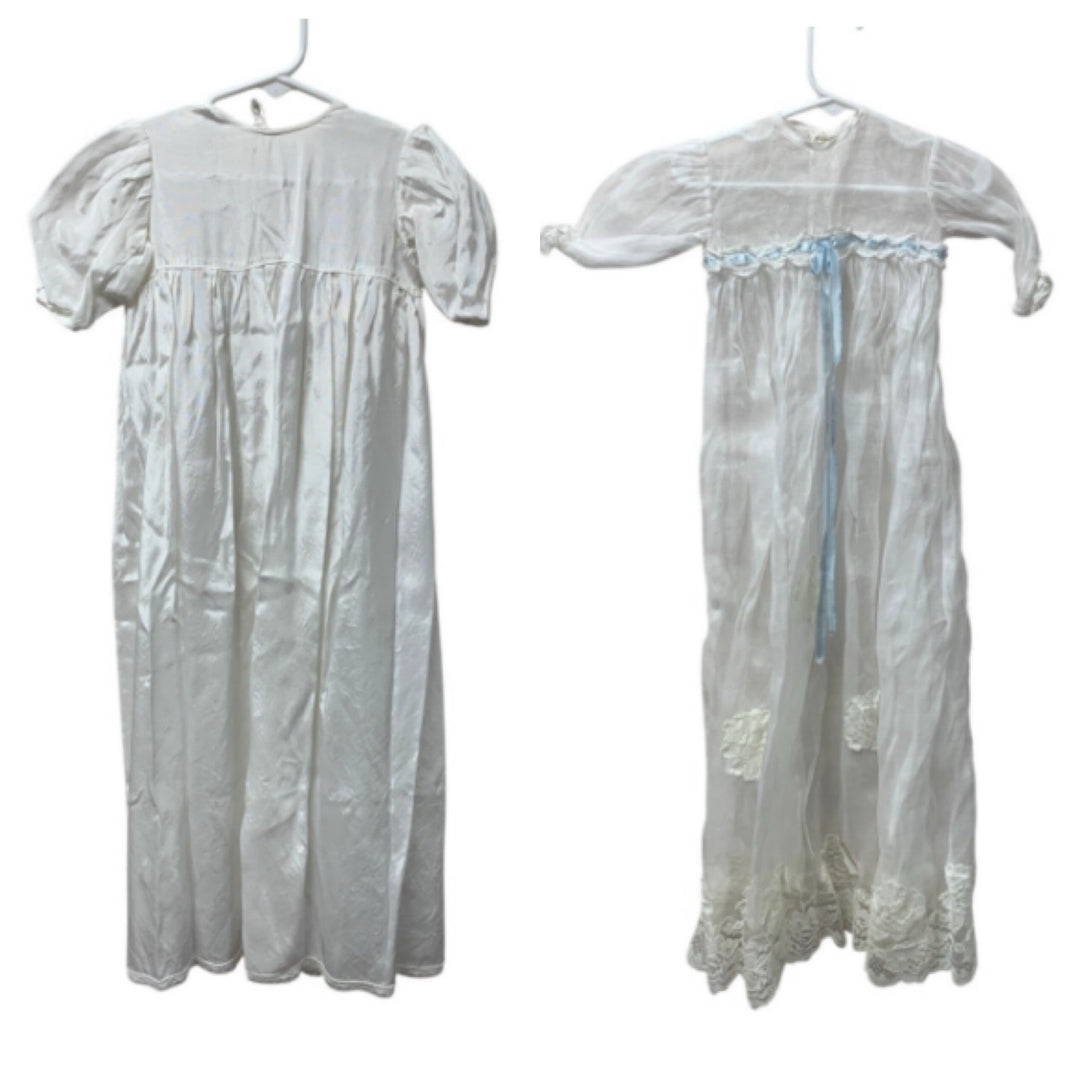 Vintage Handmade Baby Christening Baptism Lace Gown Blue Bow w Overlay Jacket