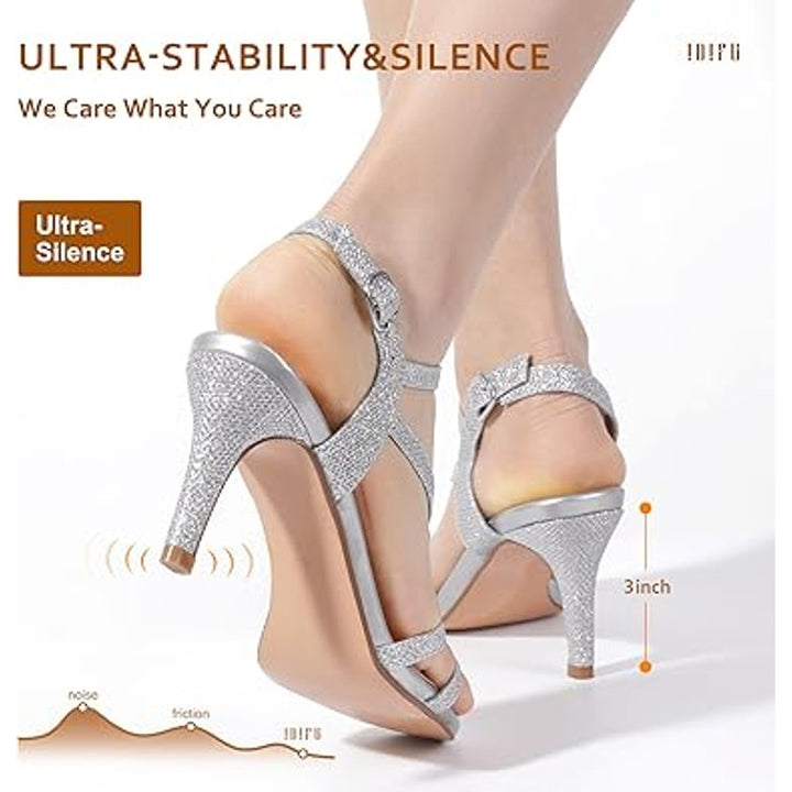 New Idifu Womens 7.5 Silver Glitter Open Toe 3.5" Heel Ankle Strap Sandal Shoes