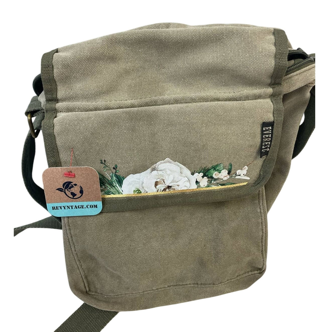 Upcycled Hand Printed White Rose Floral Crossbody Small Canvas Messenger Bag