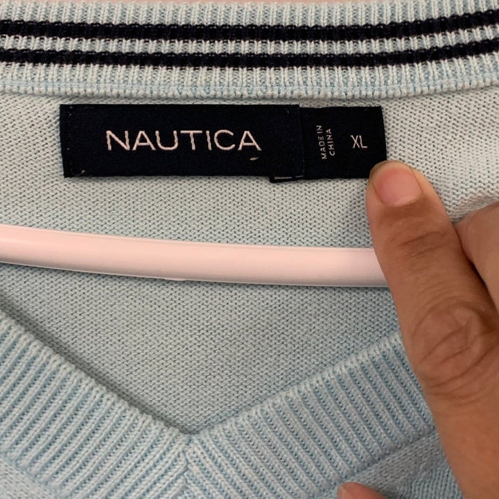 Nautica Mens XL Light Blue Long Sleeve Cotton Blend V Neck Pullover Sweater