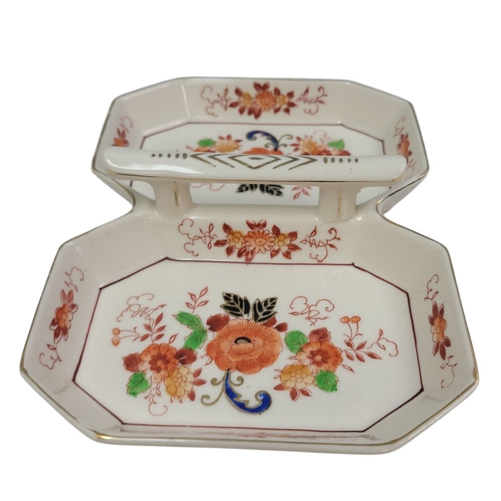 Vintage Japan Hand-Painted Floral Divided Fine China Dish with Handle