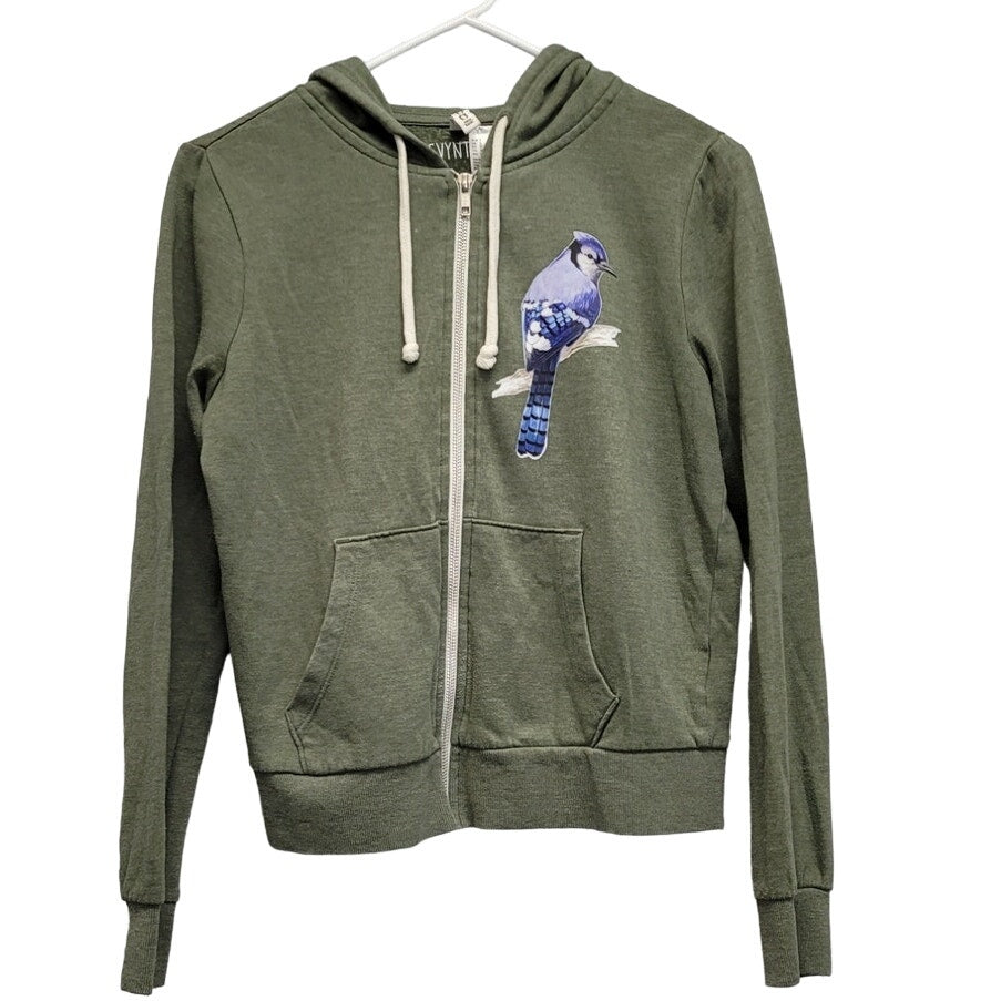 Hand Printed Upcycled Mens Small Long Sleeve Full Zip Blue Jay Hooded Jacket