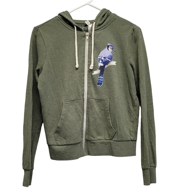Hand Printed Upcycled Mens Small Long Sleeve Full Zip Blue Jay Hooded Jacket