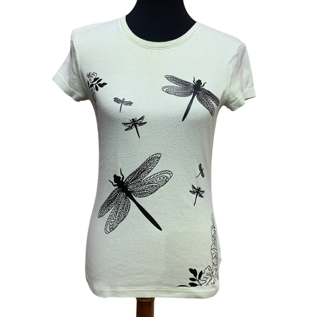 Hand Printed Upcycled Womens Medium Dragonfly Short Sleeve Pale Green Cotton Tee