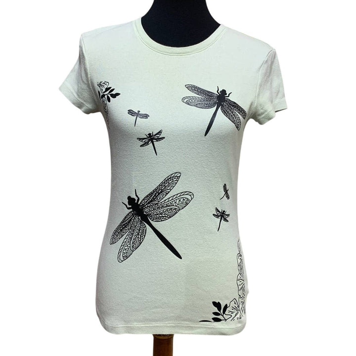 Hand Printed Upcycled Womens Medium Dragonfly Short Sleeve Pale Green Cotton Tee