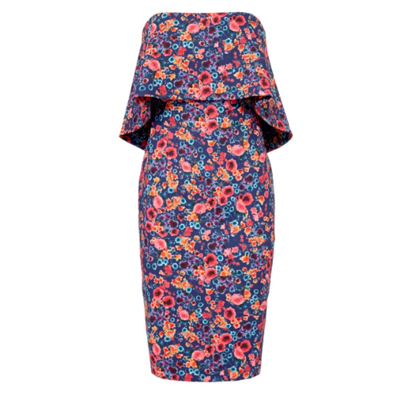 Badgley Mischka Size 10 Blue Floral Popover Sleeveless Knee Length Sheath Dress
