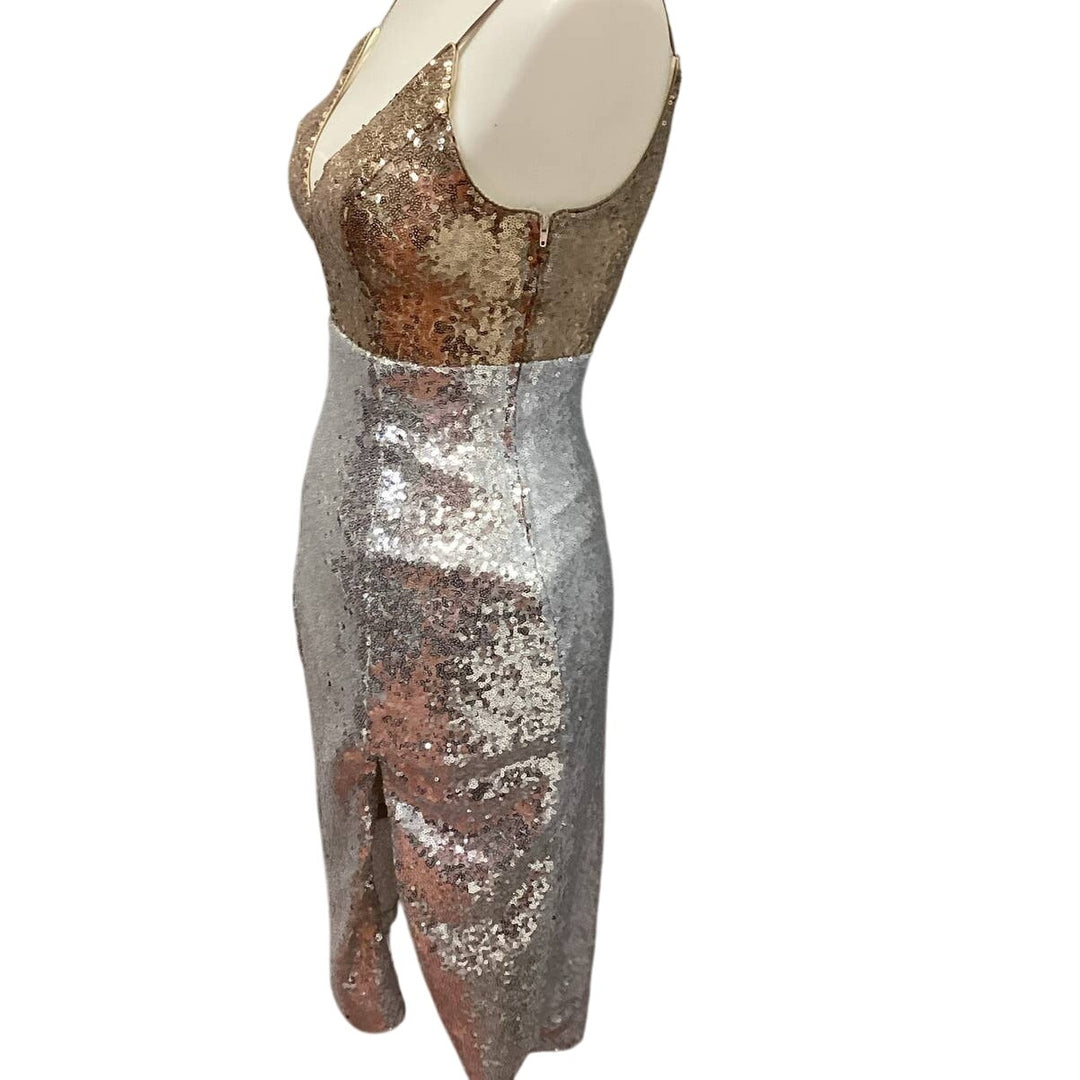 New Speechless Juniors Size 1 Gold Silver Sleeveless Deep V Body Con Midi Dress