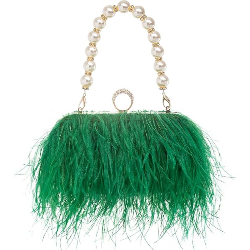 New Green Real Natural Ostrich Feather Pearl or Longer Handle Evening Bag Purse