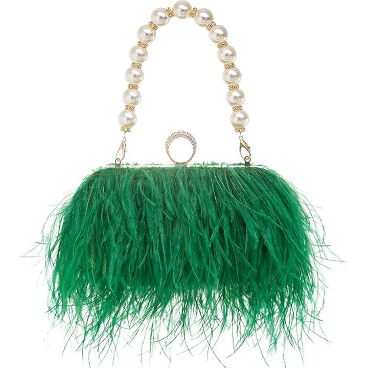 New Green Real Natural Ostrich Feather Pearl or Longer Handle Evening Bag Purse