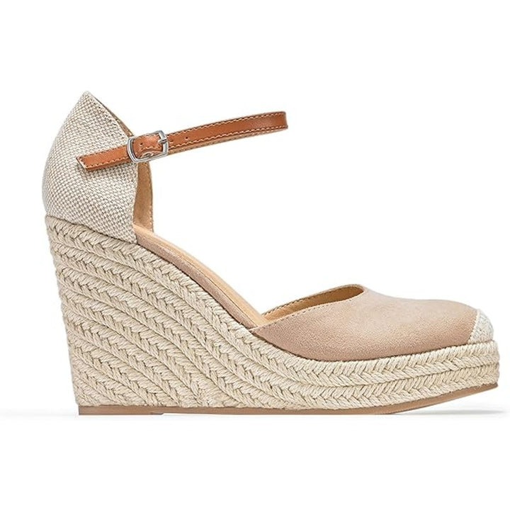 Fisace Womens Size 8 Tan Faux Suede 4" Wedge Espadrille Ankle Strap Sandal Shoes