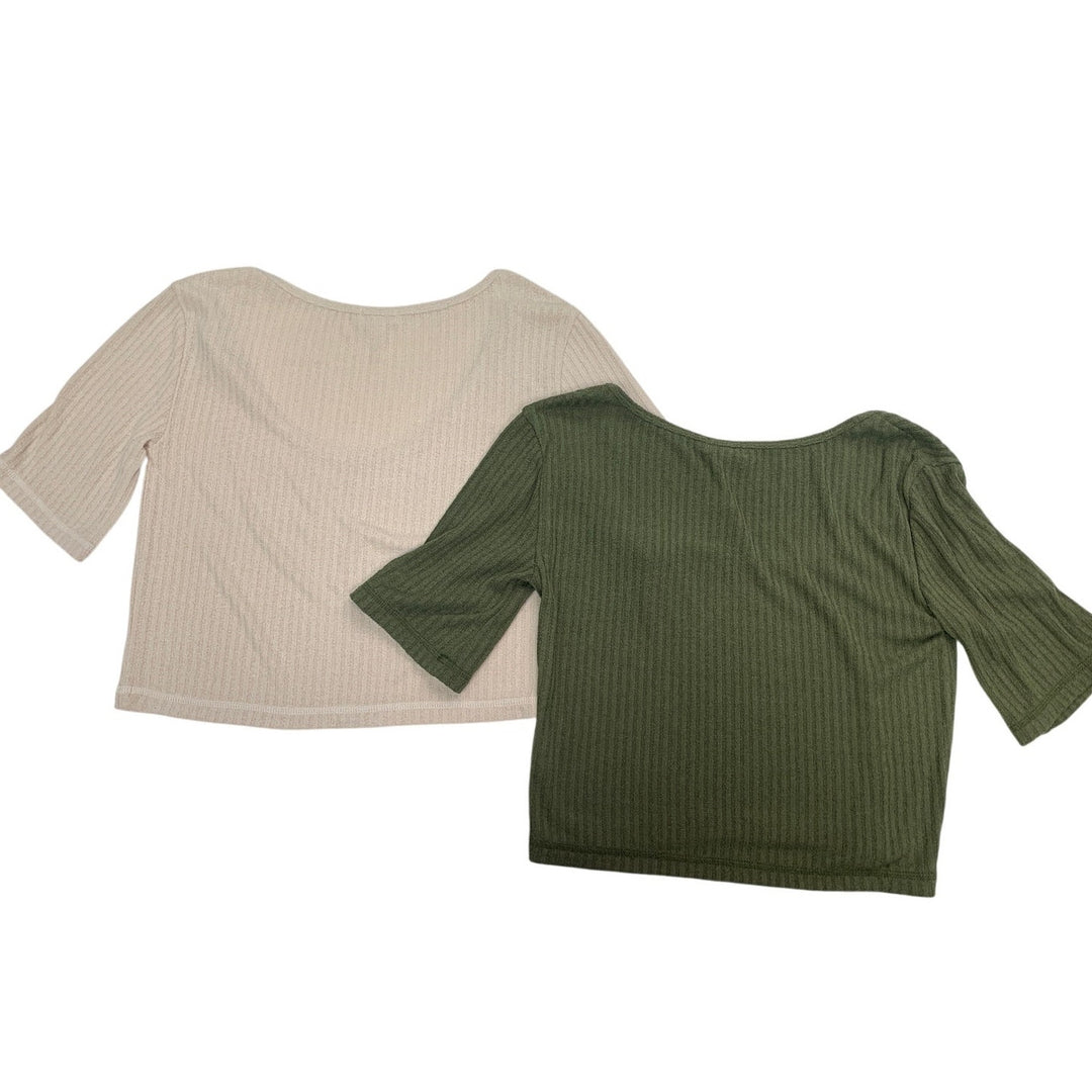 2 New Aerie Womens Small Olive Green Cream Short Sleeve Scoop Neck Textured Tops