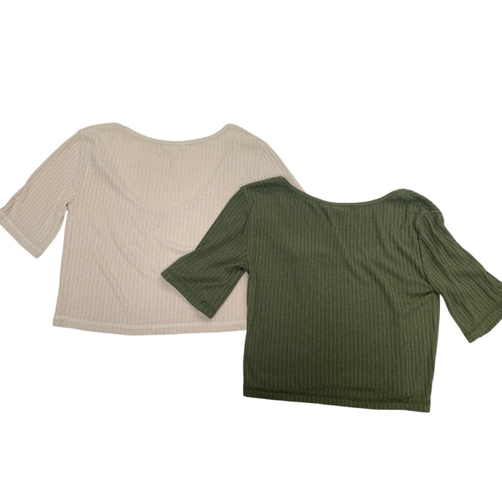 2 New Aerie Womens Small Olive Green Cream Short Sleeve Scoop Neck Textured Tops