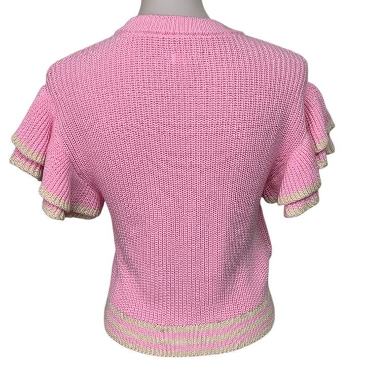 New Aerie Womens Small Pink V Neck Short Ruffled Sleeve Knit Sweater Top