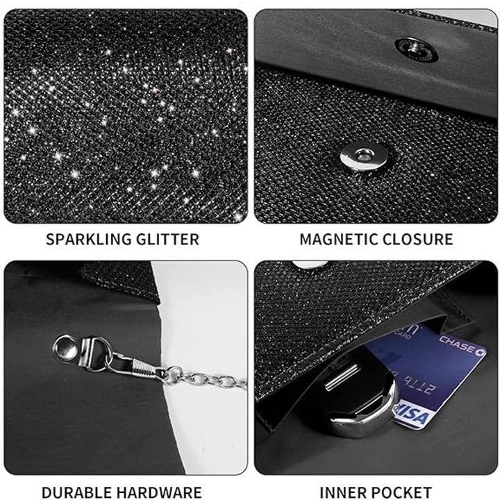 LovyoCoCo Black Silver Glitter Evening Clutch Purse Bag w Shoulder Chain