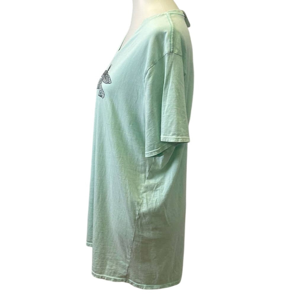 Hand Printed Upcycled Womens XL Dragonfly Cotton Short Sleeve V-Neck Tee Shirt