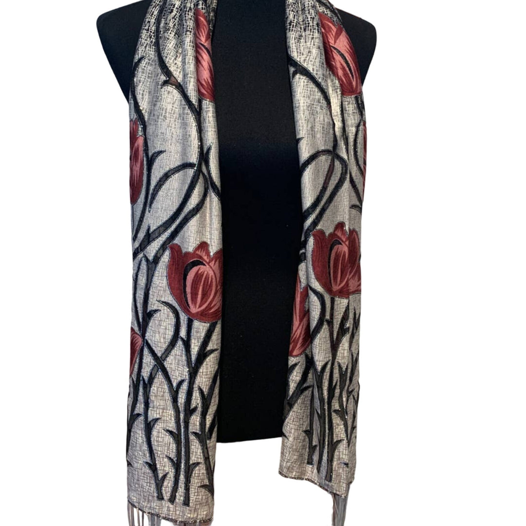 New Silver Glitter Red Rose Floral Fringed Sheer Long Formal Event Fashion Scarf