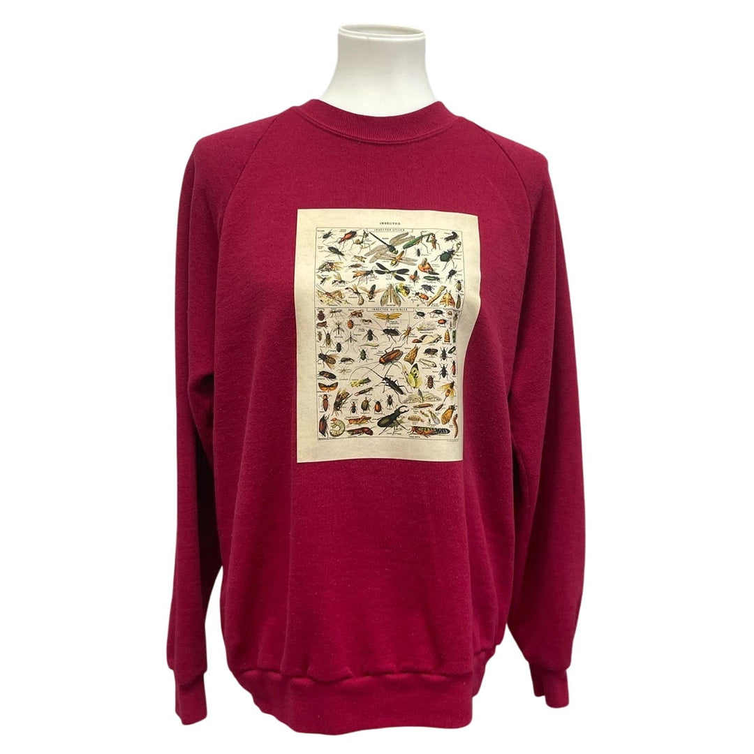 Hand Printed Upcycled Womens XL Vintage Book Page Insect Long Sleeve Sweatshirt