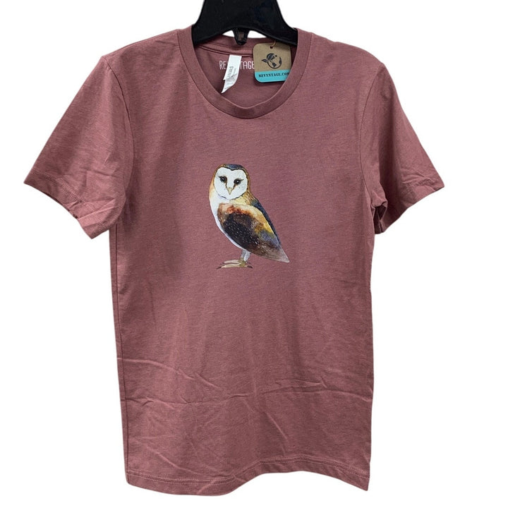 New Hand Printed Womens XS Rose Pink Woodland Owl Bird Short Sleeve Tee Shirt
