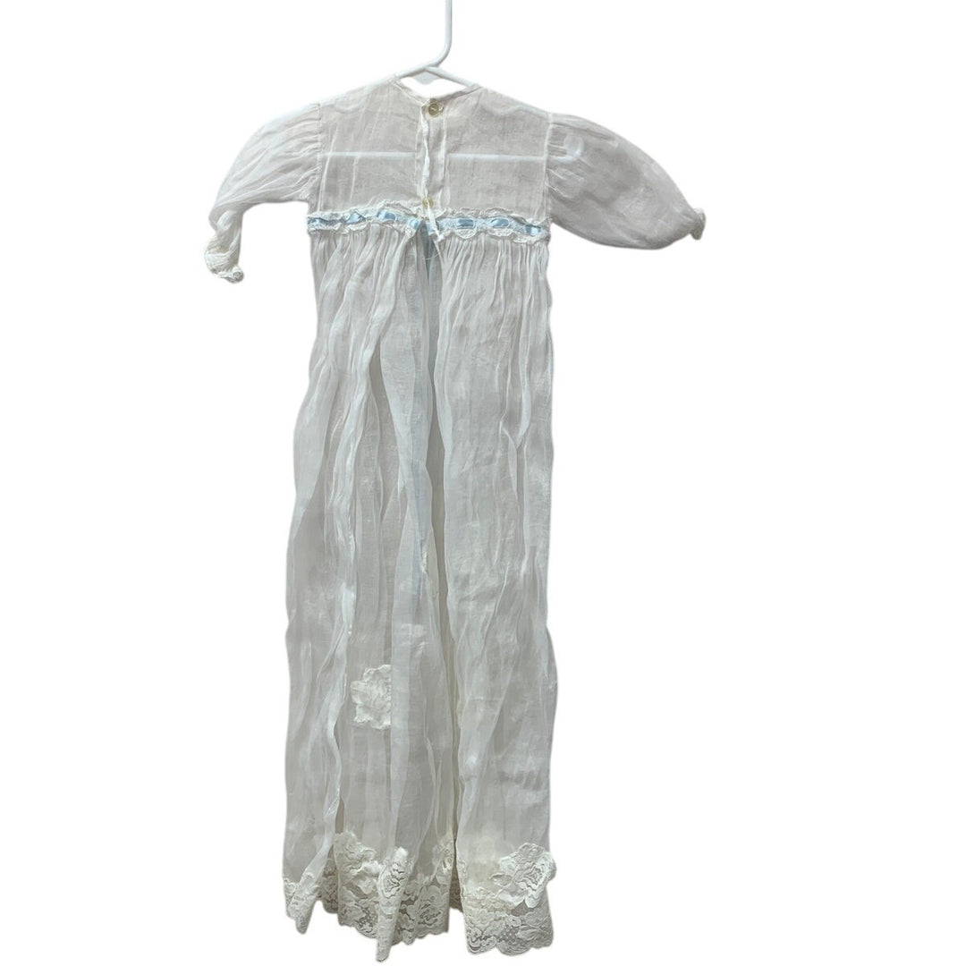 Vintage Handmade Baby Christening Baptism Lace Gown Blue Bow w Overlay Jacket