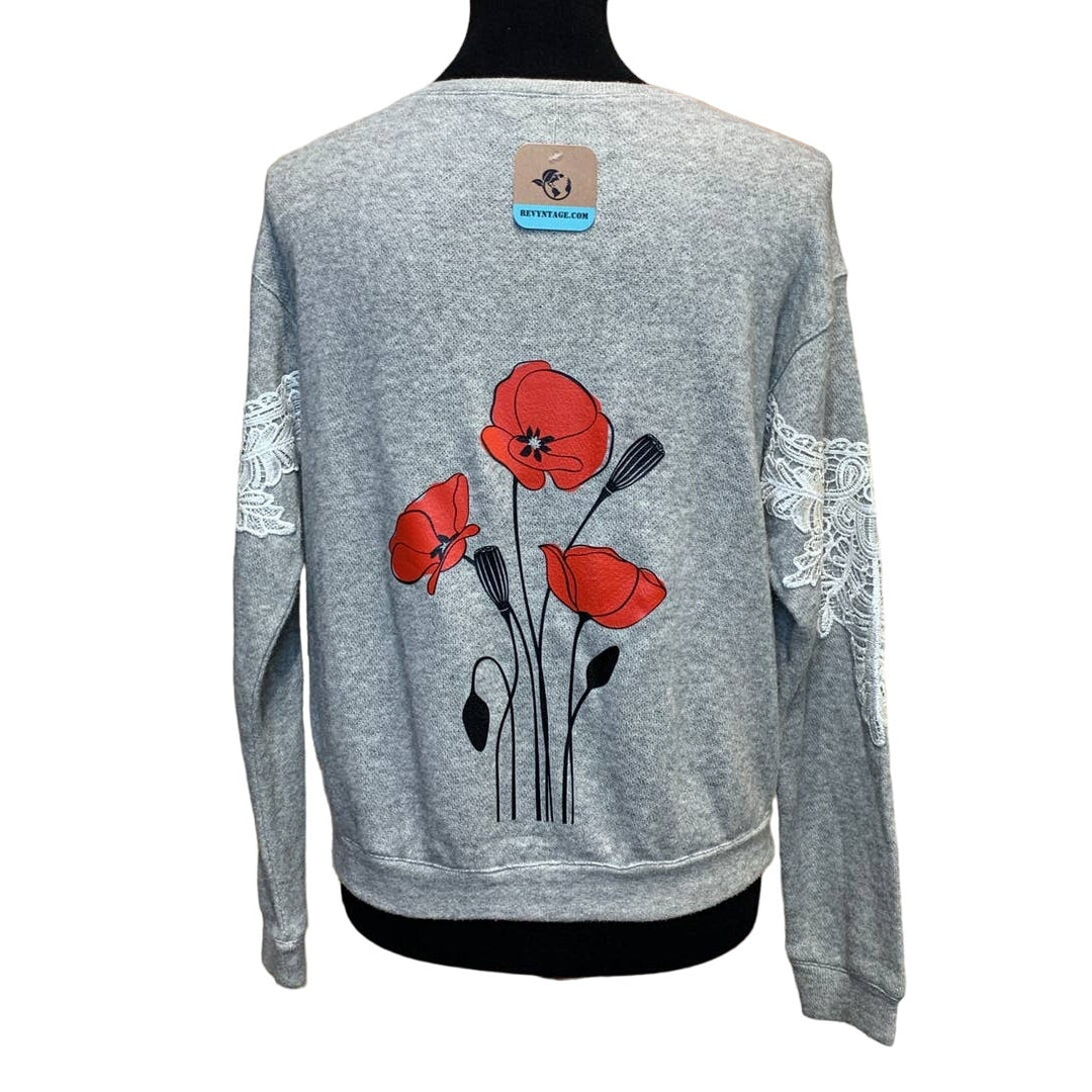 Hand Printed Upcycled Small Red Poppy Flower PolyCotton Long Sleeve Sweatshirt