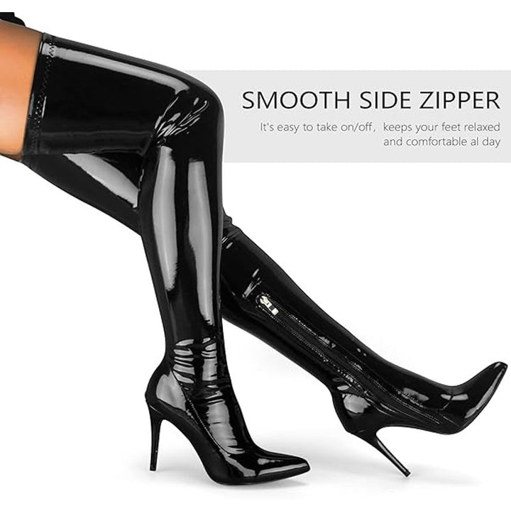 Camssoo Womens Size 8 Black Faux Patent Leather 4" Heel Above-The-Knee Boots