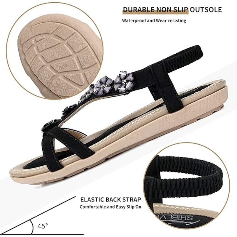 Shibever Womens Size 11 Black Flat Elastic Ankle Strap Beaded Flower Sandals
