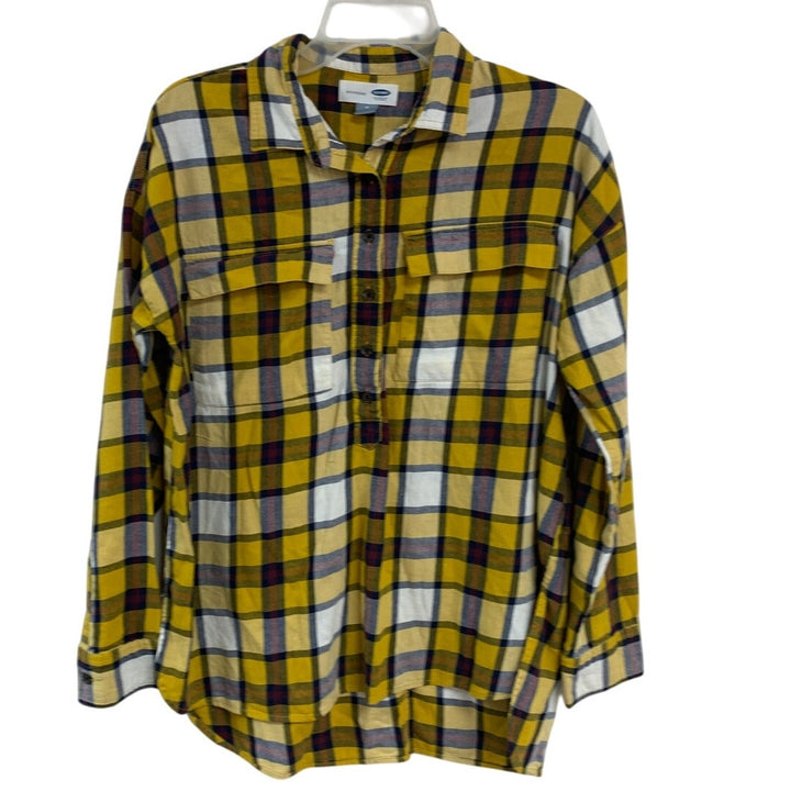 Old Navy Womens Medium 100% Cotton Boyfriend Plaid Long Sleeve Button Up Shirt