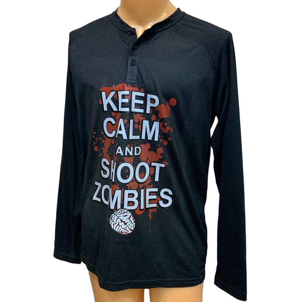 Hand Printed Upcycled Large Halloween Keep Calm Shoot Zombies Long Sleeve Tee