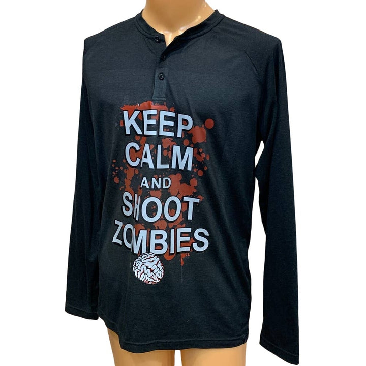 Hand Printed Upcycled Large Halloween Keep Calm Shoot Zombies Long Sleeve Tee